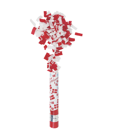 Konfettirør med rød og hvid konfetti til fødselsdag og landskamp