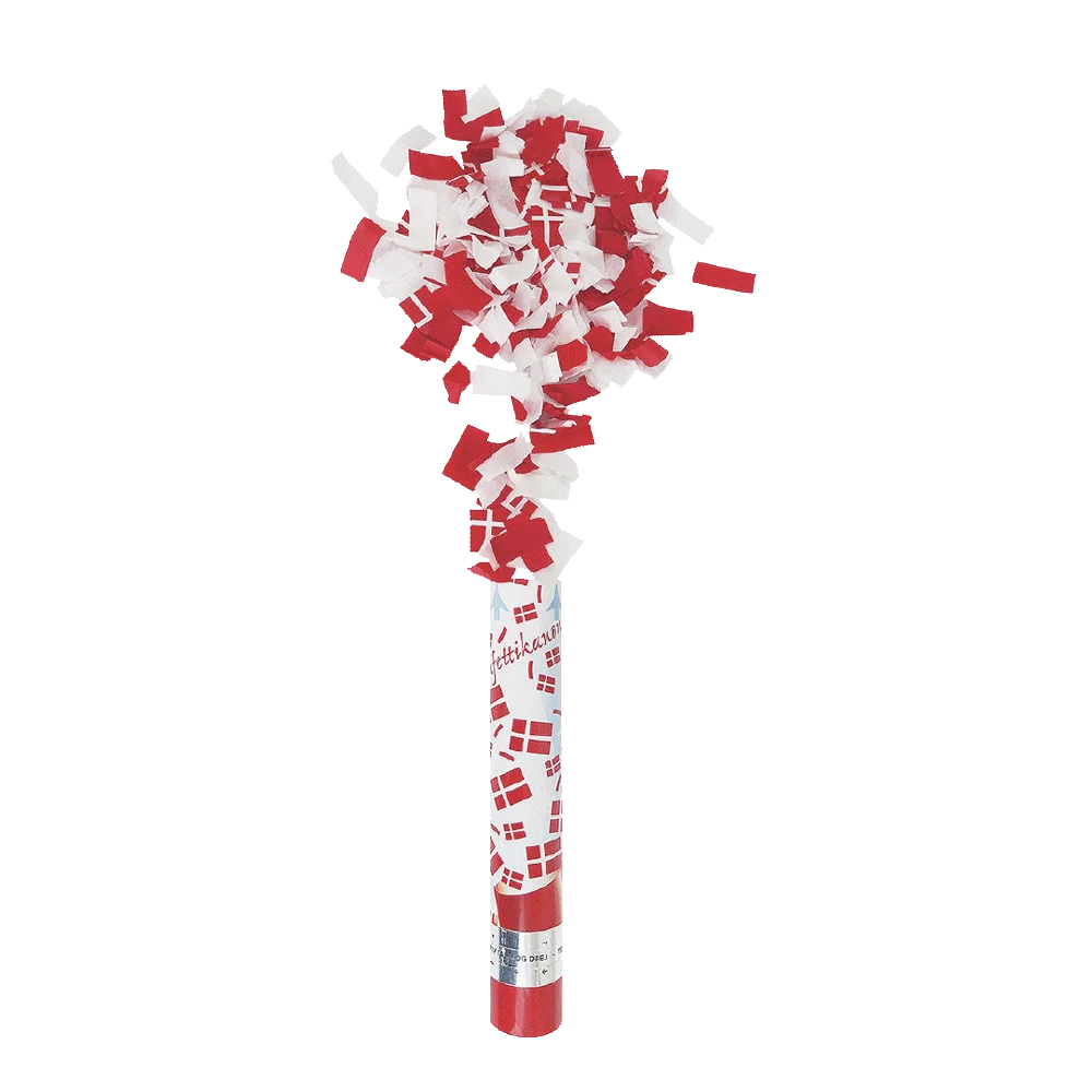 Konfettirør med rød og hvid konfetti til fødselsdag og landskamp